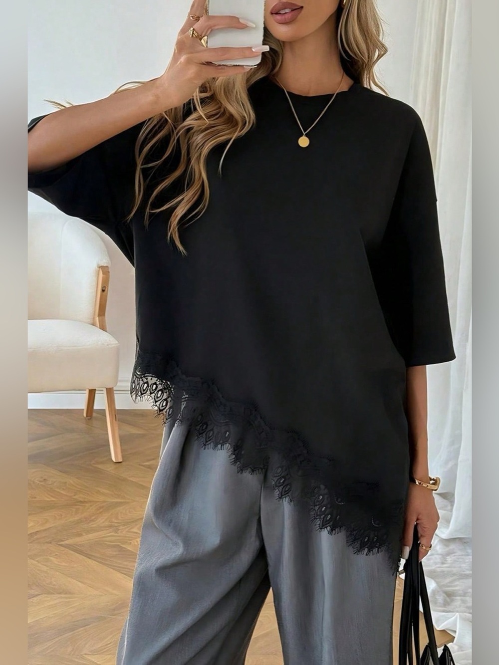 Lace Asymmetrical Hem Round Neck T-Shirt - Picture 2 of 6